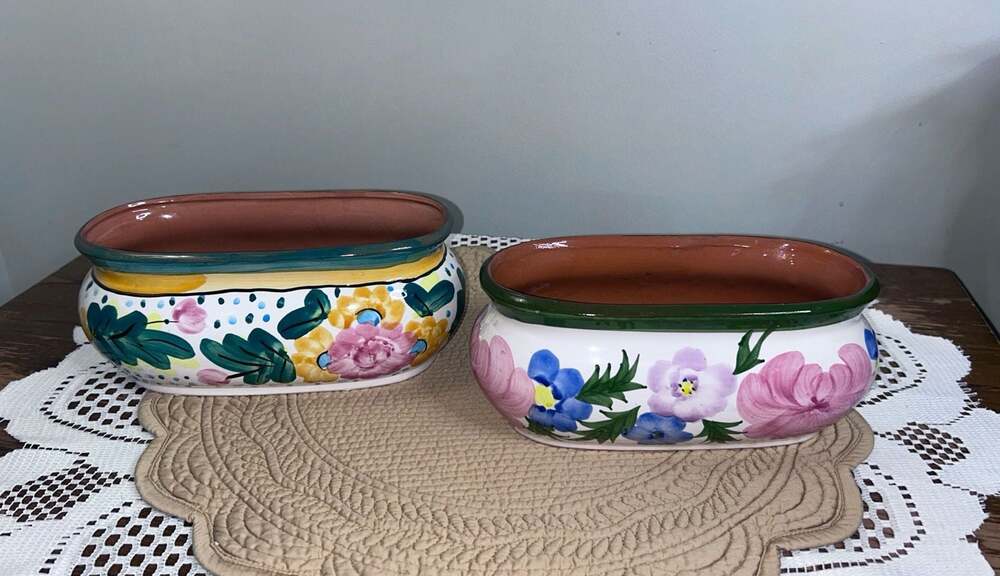 Gail Pittman Style Hand Painted Ceramic Oval Planter Bowls Set of 2 Floral